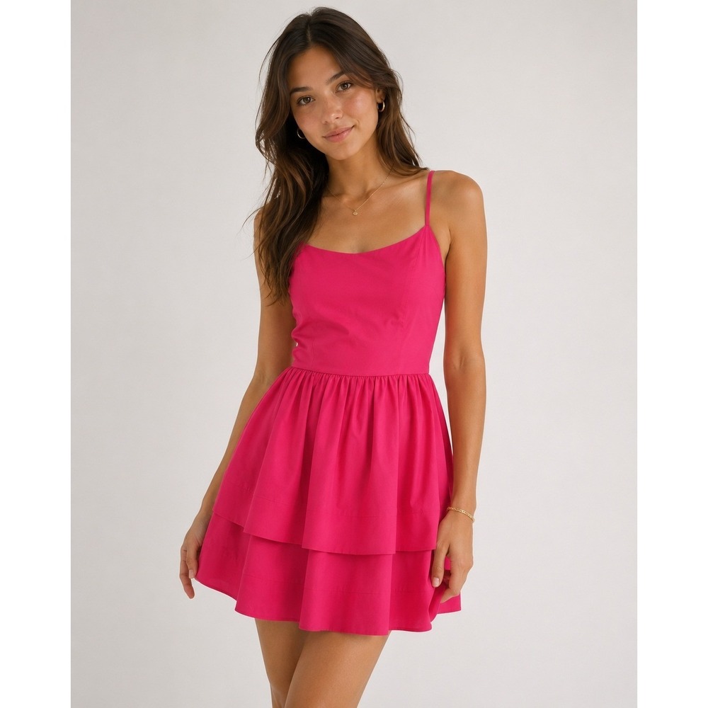 Sugarlips Pink Tiered Ruffle Mini Dress Cotton Poplin Adjustable Straps XS